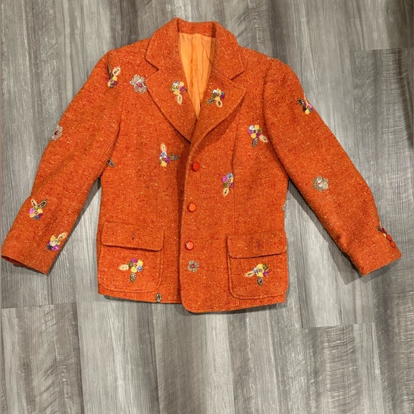 Undefined Jackets & Blazers - Vintage Orange Tweed Embellished Beaded Floral Blazer Jacket Women’s Lined Retro